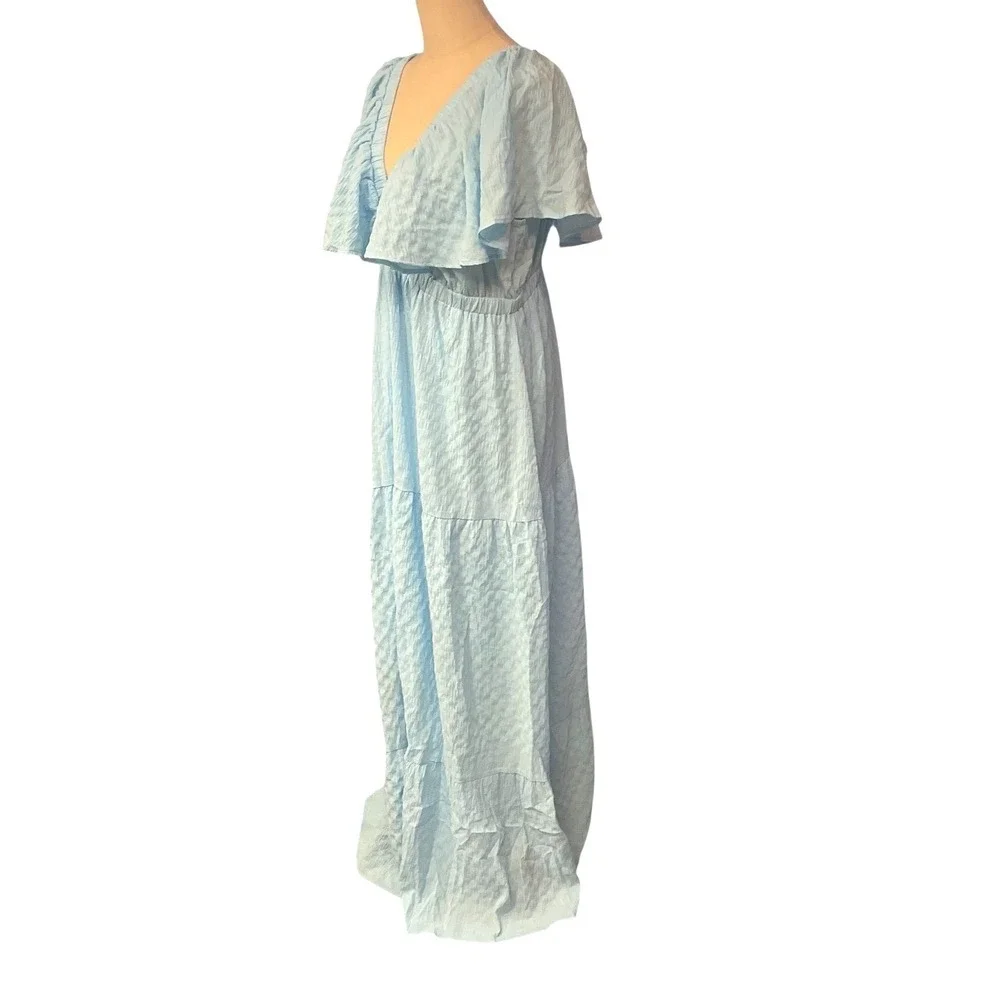She + Sky Ruffle Sleeve w/ Plunging Neckline Open Back Crepe Blue Maxi Dress 1XL - Picture 3 of 9